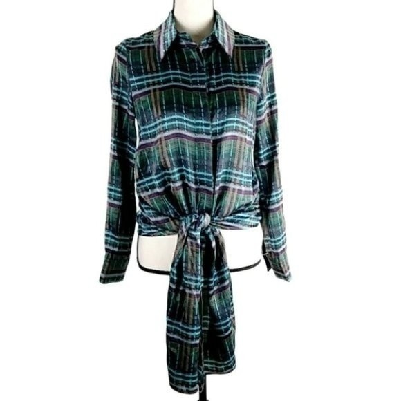 JOA Green Satin Plaid Tie Front Silky Long Sleeve Top - Picture 2 of 14